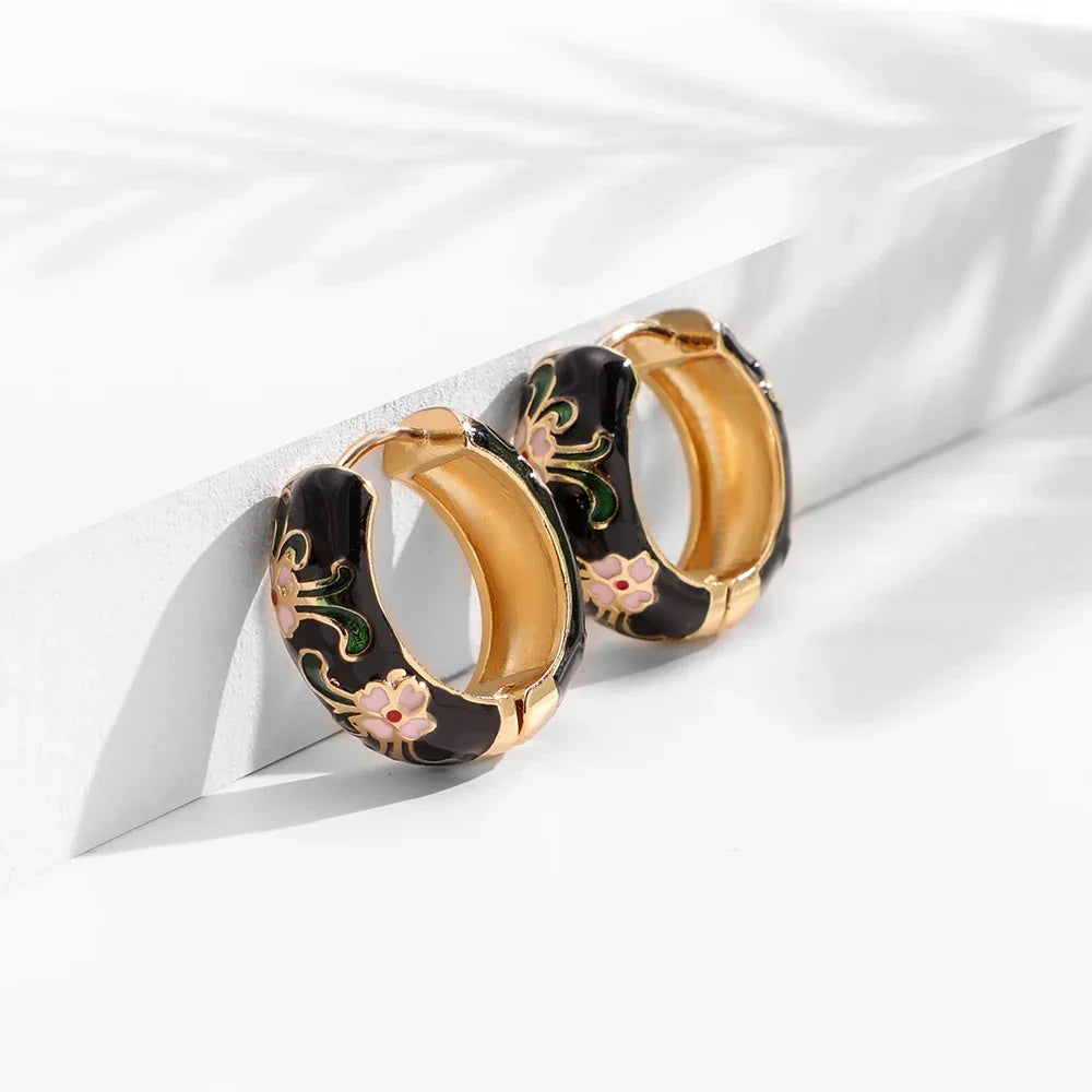 Women's Gold-Plated Enamel Huggie Hoop Earrings | Waterproof Floral Hoops