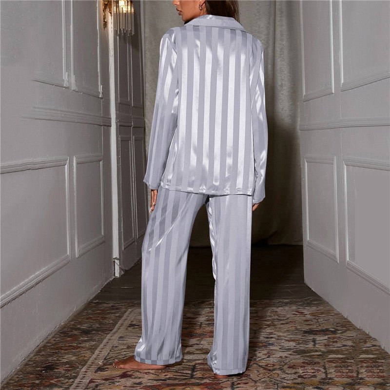 Women's Satin Striped Pajama Lounge Set | Relaxed Fit Button-Down Matching Set