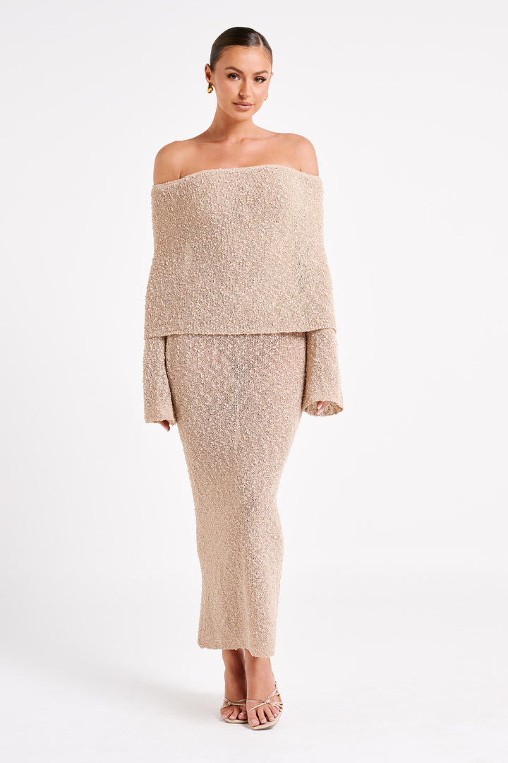 Off Shoulder Boucle Maxi Dress