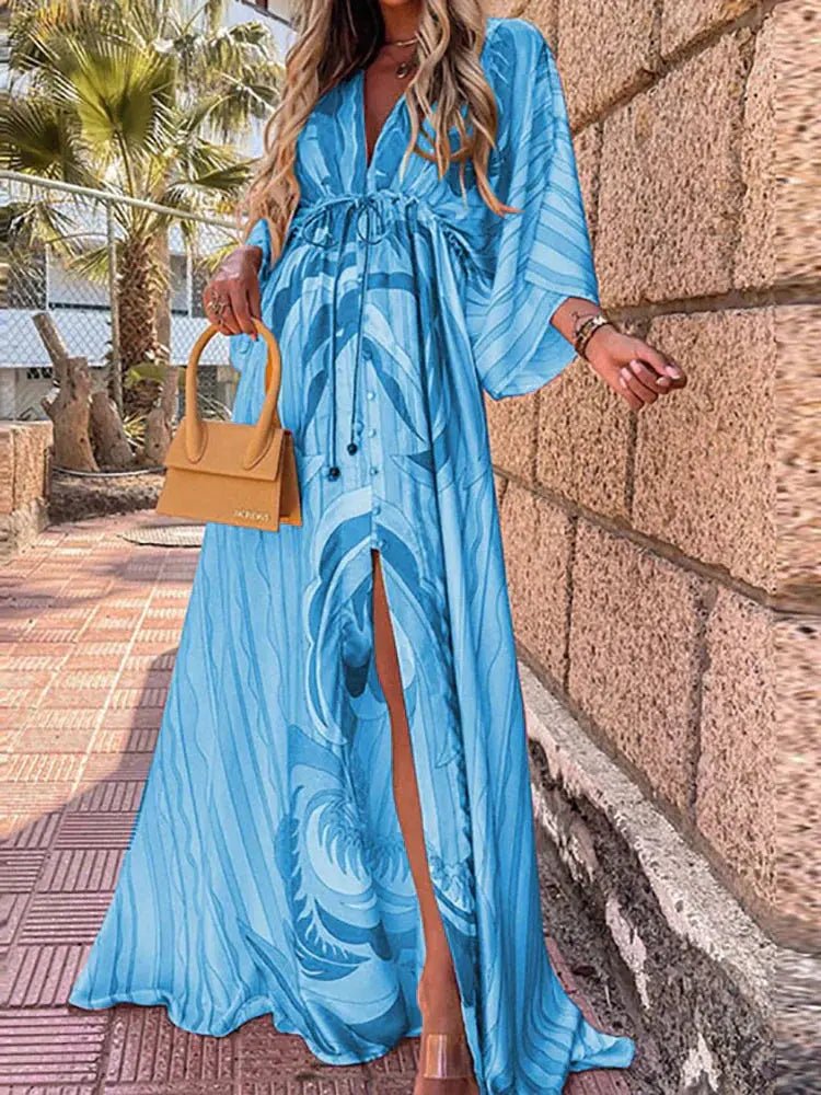 Maxi Dress | Abstract Print Long Summer Dress with Flowy Kimono Sleeves
