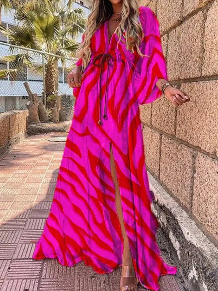 Maxi Dress | Abstract Print Long Summer Dress with Flowy Kimono Sleeves