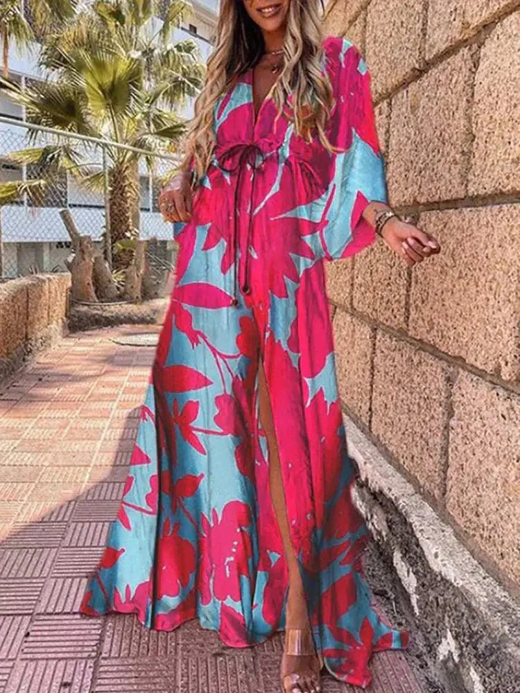 Maxi Dress | Abstract Print Long Summer Dress with Flowy Kimono Sleeves