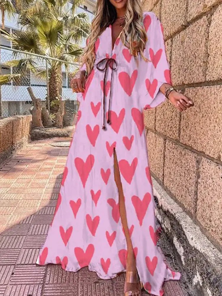 Maxi Dress | Abstract Print Long Summer Dress with Flowy Kimono Sleeves