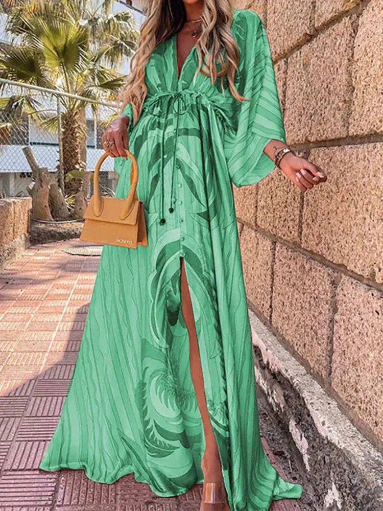 Maxi Dress | Abstract Print Long Summer Dress with Flowy Kimono Sleeves