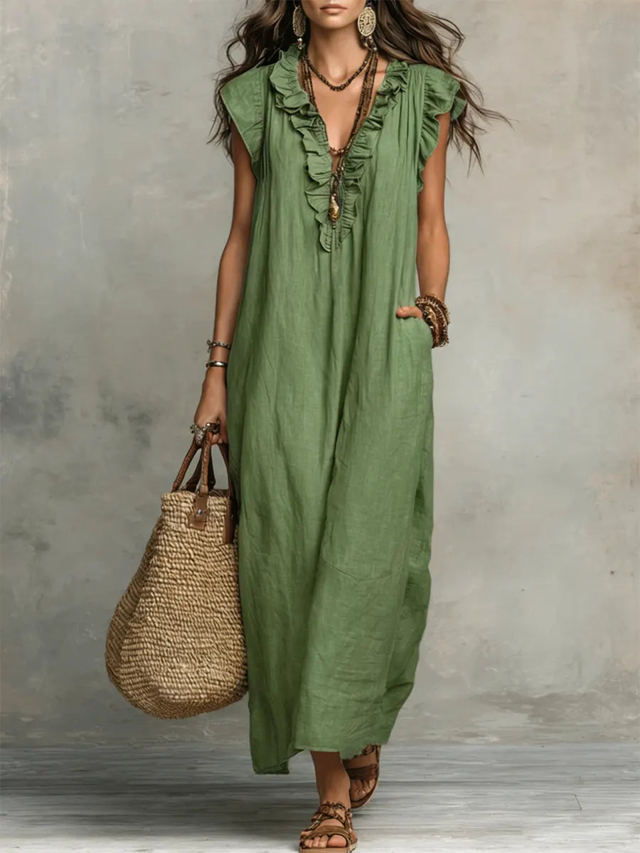 Maxi Dress | Bohemian Ruffle V-Neck Long Dress with Sleeves