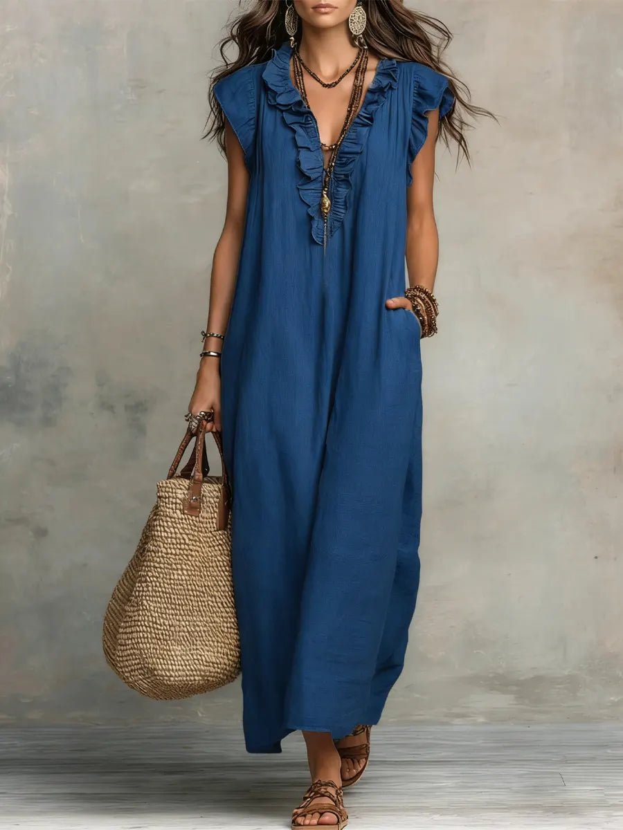 Maxi Dress | Bohemian Ruffle V-Neck Long Dress with Sleeves