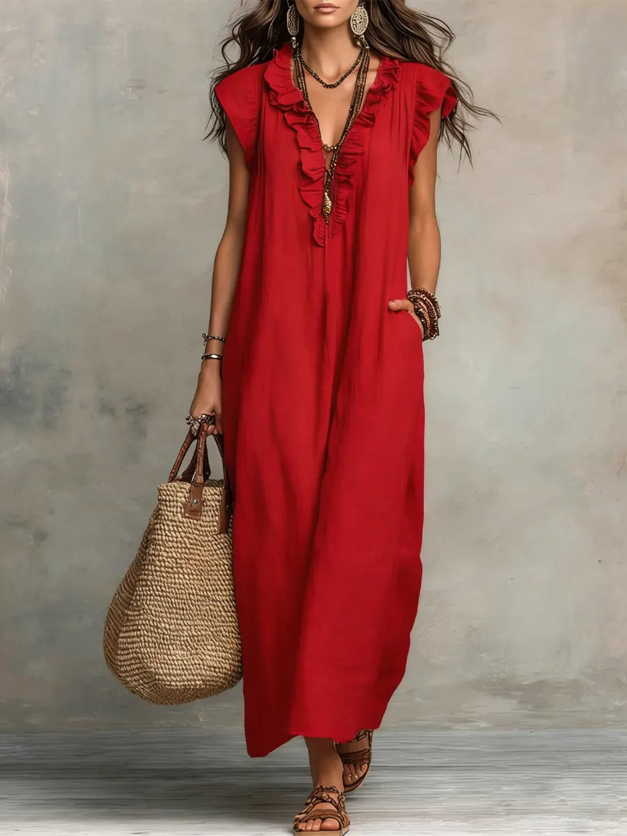 Maxi Dress | Bohemian Ruffle V-Neck Long Dress with Sleeves