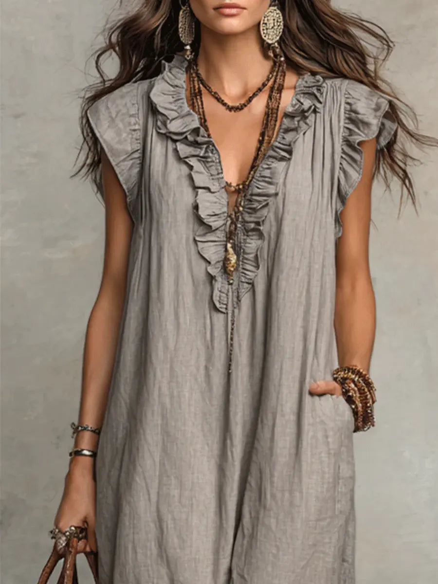 Maxi Dress | Bohemian Ruffle V-Neck Long Dress with Sleeves