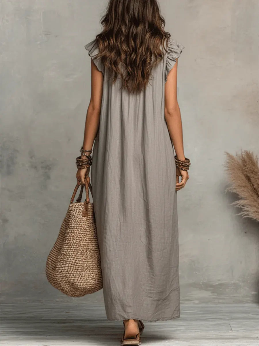 Maxi Dress | Bohemian Ruffle V-Neck Long Dress with Sleeves