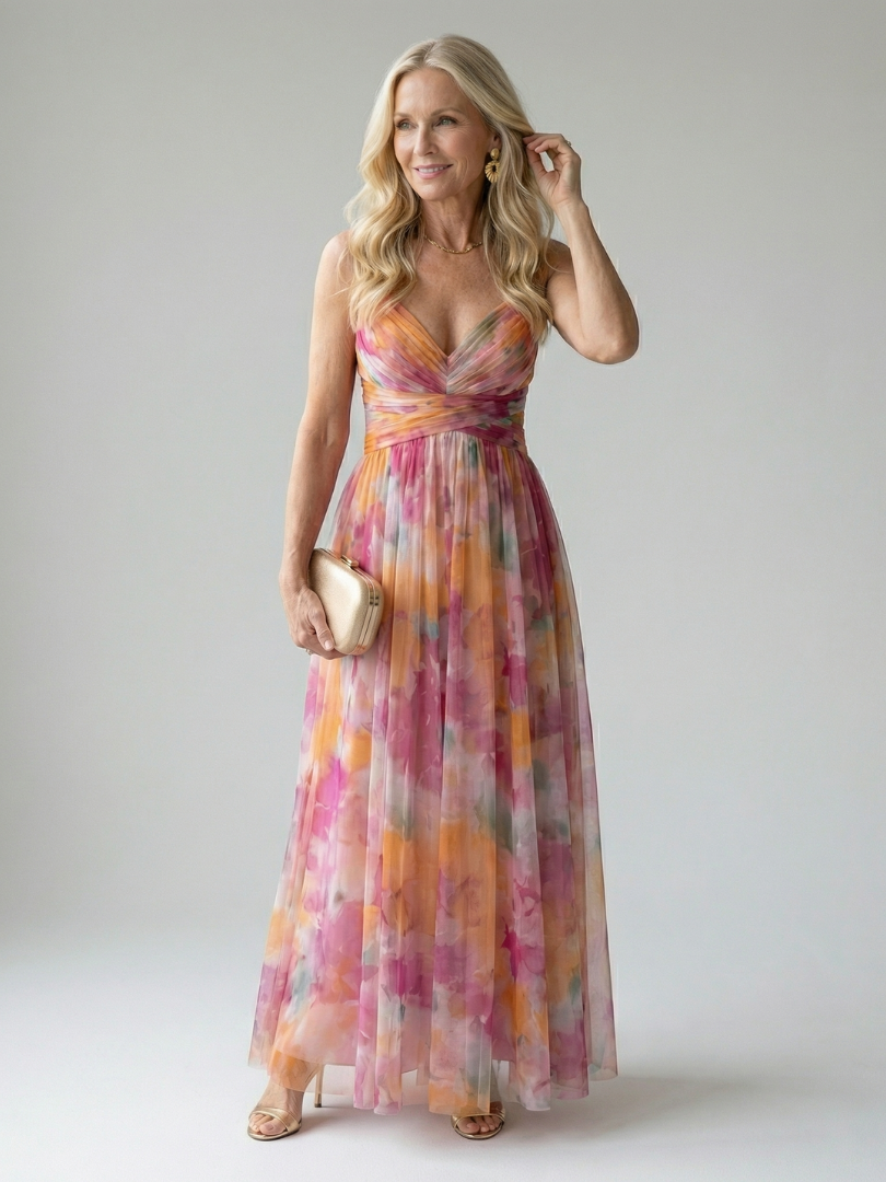 Maxi Dress | Elegant Watercolor Print Long Summer Dress with Flattering Silhouette