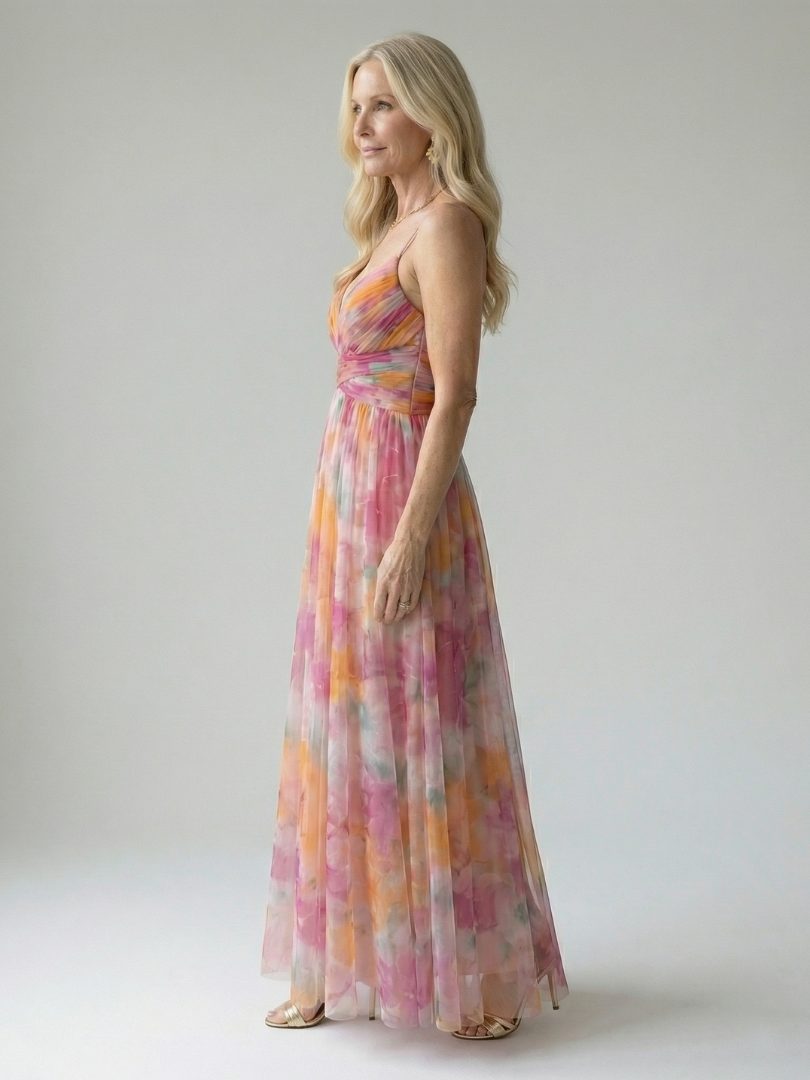 Maxi Dress | Elegant Watercolor Print Long Summer Dress with Flattering Silhouette