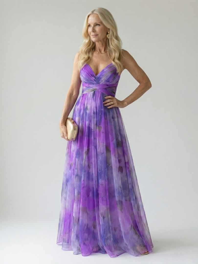 Maxi Dress | Elegant Watercolor Print Long Summer Dress with Flattering Silhouette