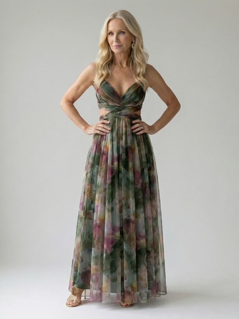 Maxi Dress | Elegant Watercolor Print Long Summer Dress with Flattering Silhouette