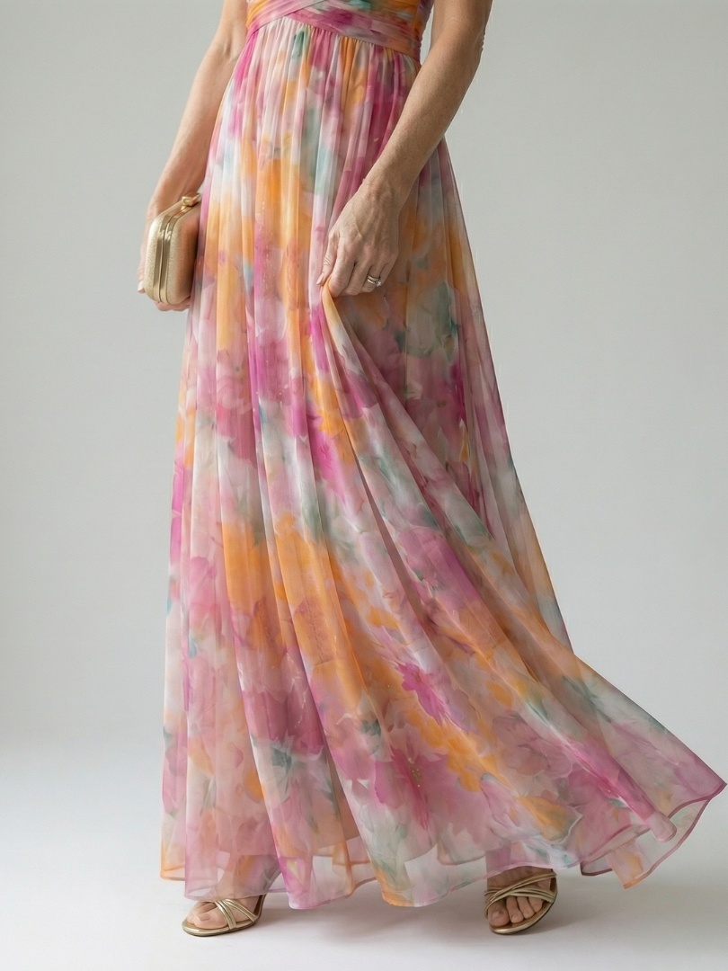 Maxi Dress | Elegant Watercolor Print Long Summer Dress with Flattering Silhouette