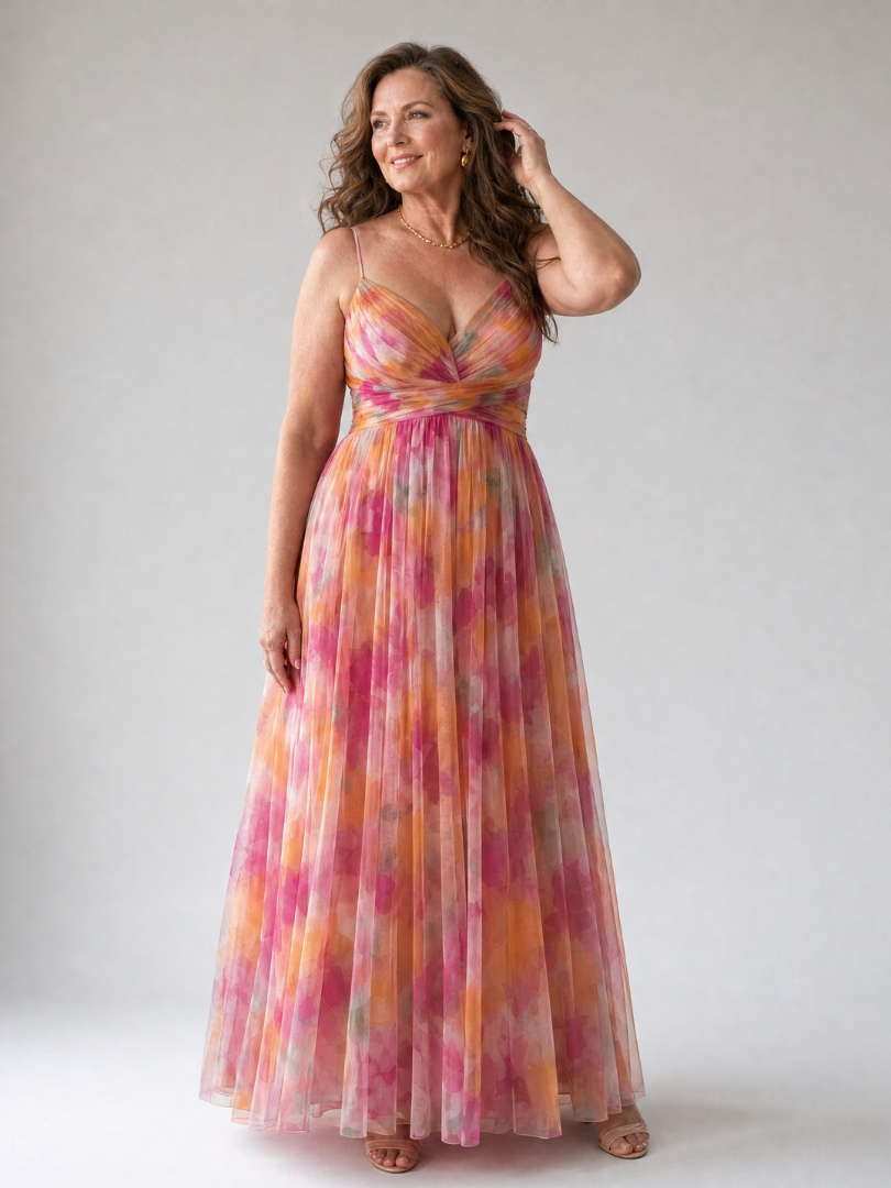 Maxi Dress | Elegant Watercolor Print Long Summer Dress with Flattering Silhouette