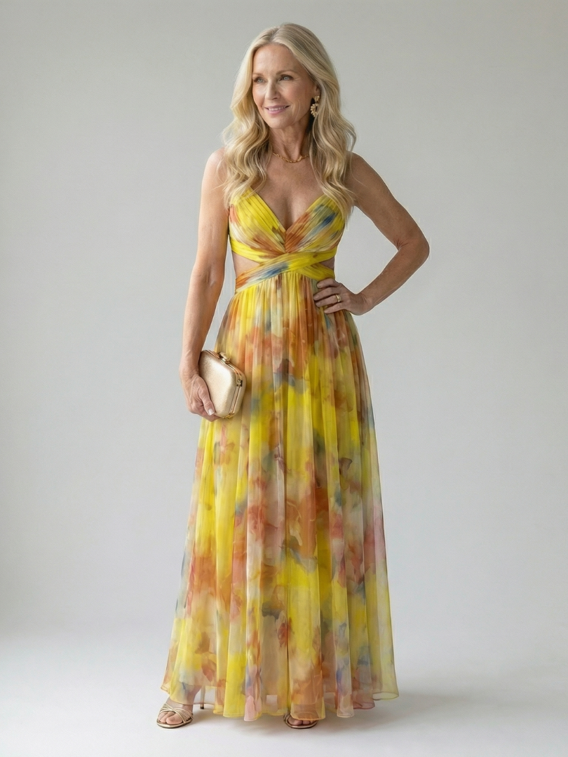Maxi Dress | Elegant Watercolor Print Long Summer Dress with Flattering Silhouette