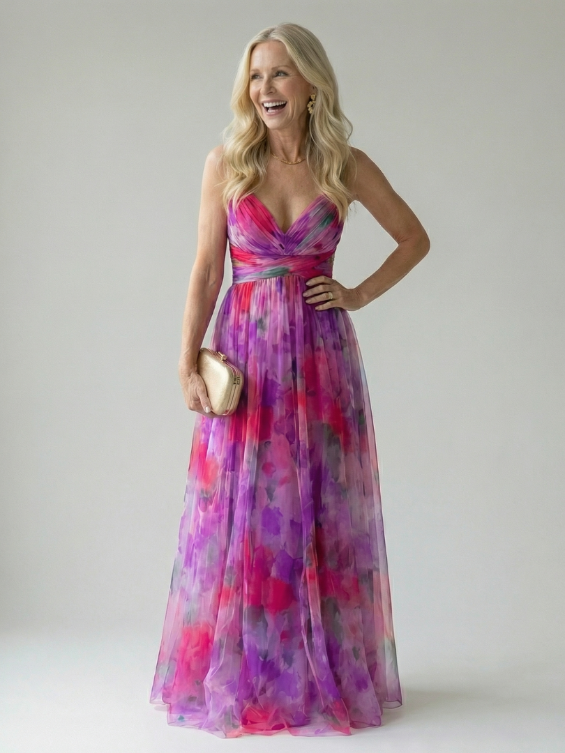 Maxi Dress | Elegant Watercolor Print Long Summer Dress with Flattering Silhouette