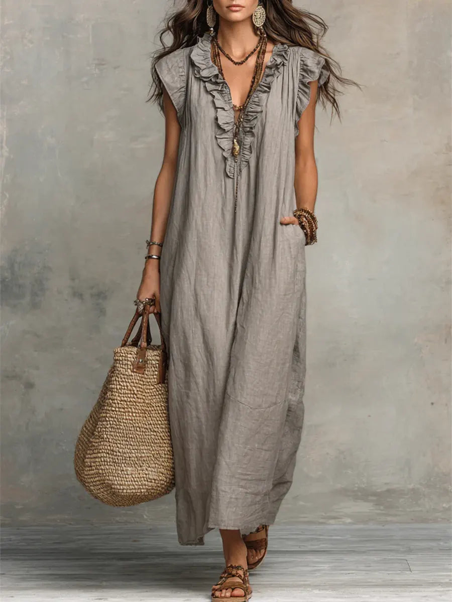 Maxi Dress | Floral Ruffle V-Neck Long Summer Dress Elegant Flowing Design