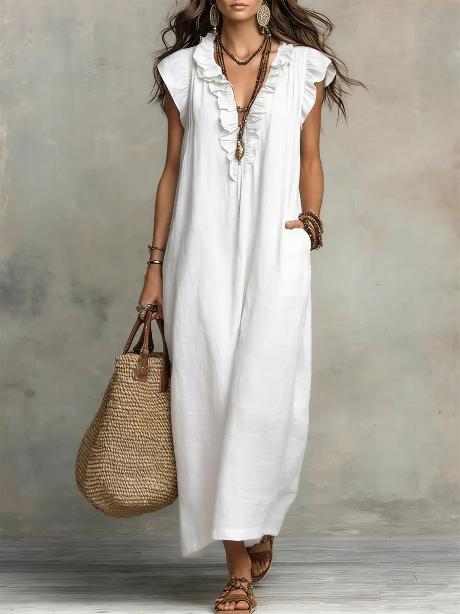 Maxi Dress | Floral Ruffle V-Neck Long Summer Dress Elegant Flowing Design