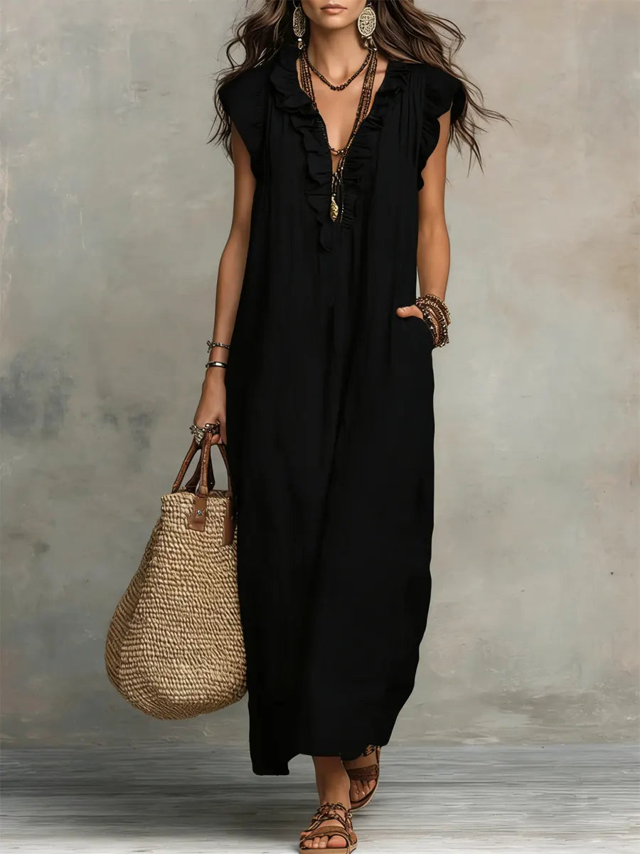 Maxi Dress | Floral Ruffle V-Neck Long Summer Dress Elegant Flowing Design
