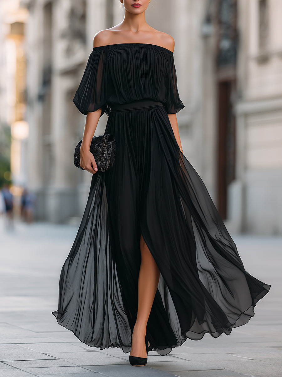 Maxi Dress | Off-Shoulder Formal Long Dress | Elegant Pleated Design with Sheer Sleeves