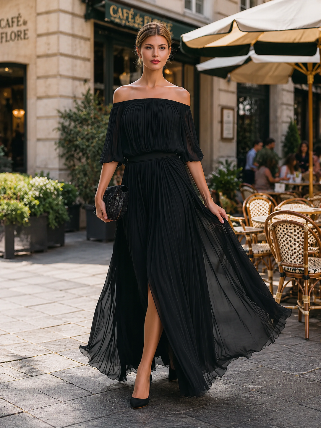 Maxi Dress | Off-Shoulder Formal Long Dress | Elegant Pleated Design with Sheer Sleeves