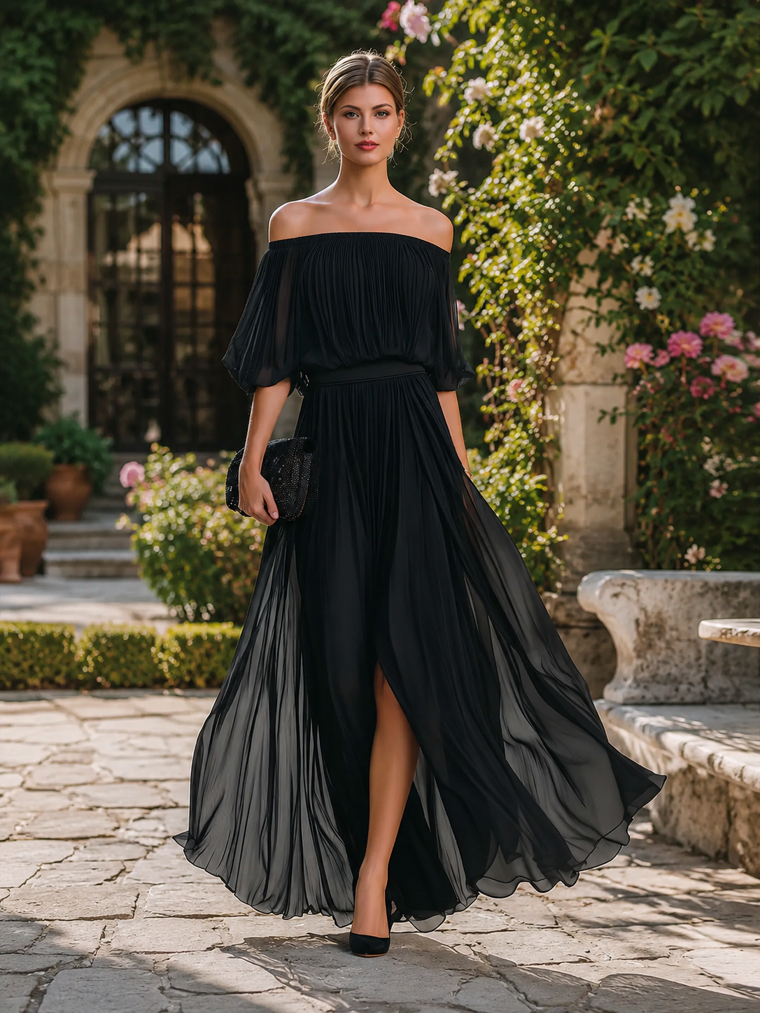 Maxi Dress | Off-Shoulder Formal Long Dress | Elegant Pleated Design with Sheer Sleeves