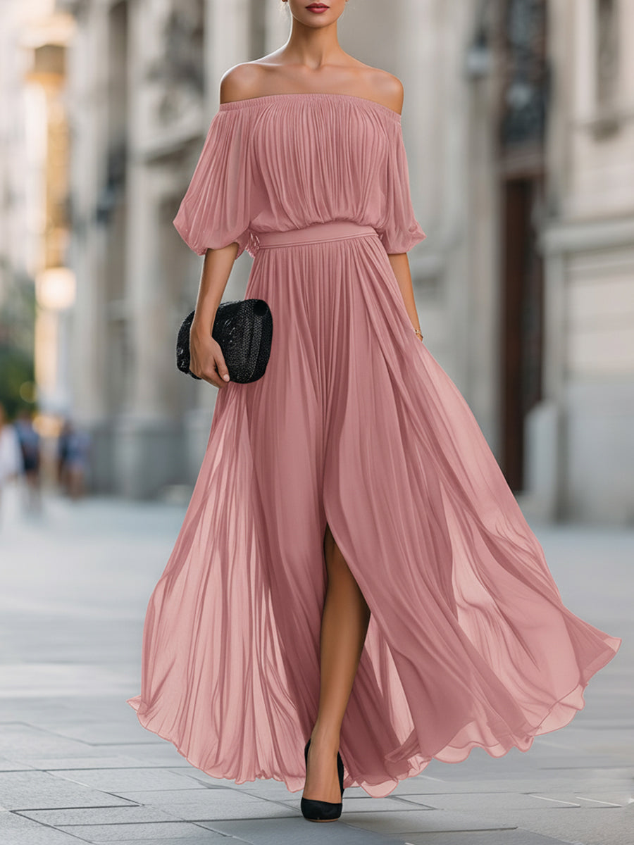 Maxi Dress | Off-Shoulder Formal Long Dress | Elegant Pleated Design with Sheer Sleeves