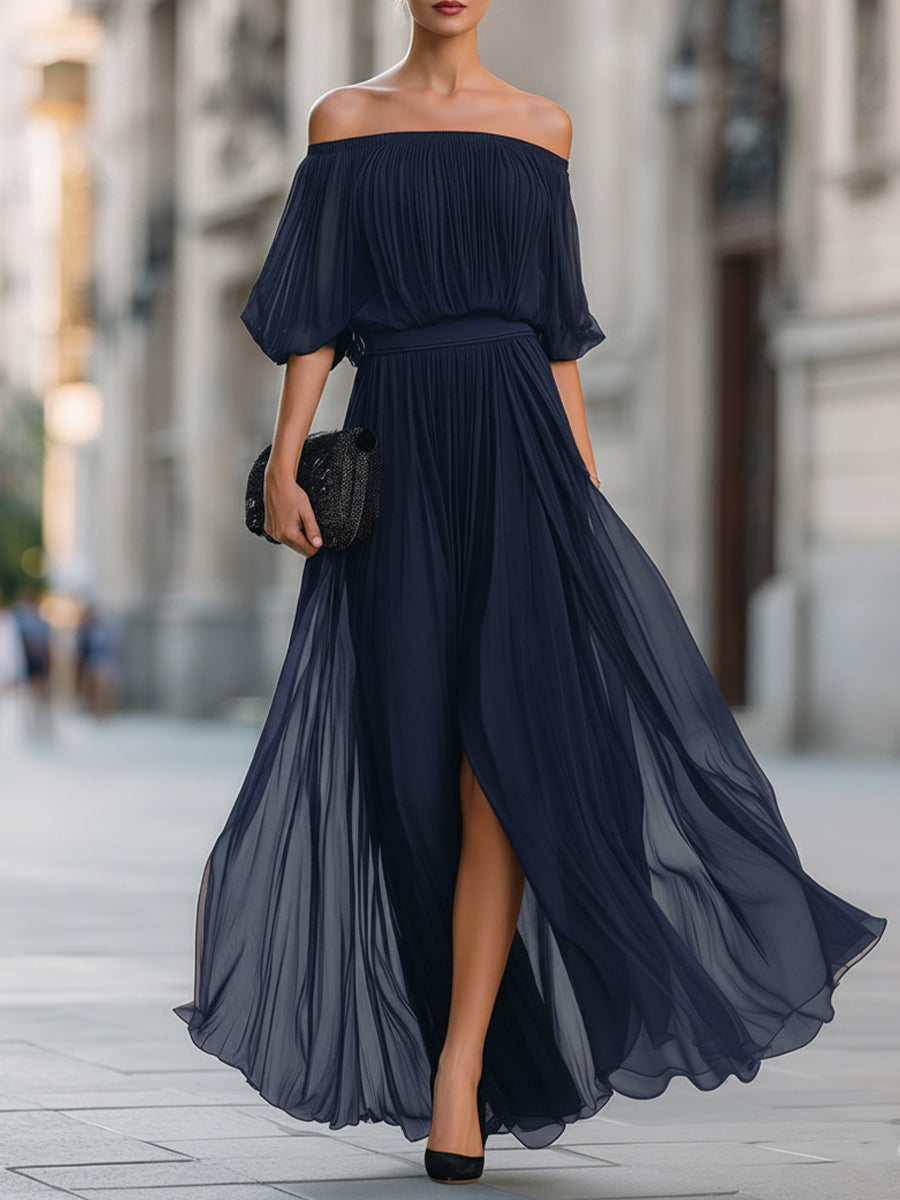 Maxi Dress | Off-Shoulder Formal Long Dress | Elegant Pleated Design with Sheer Sleeves