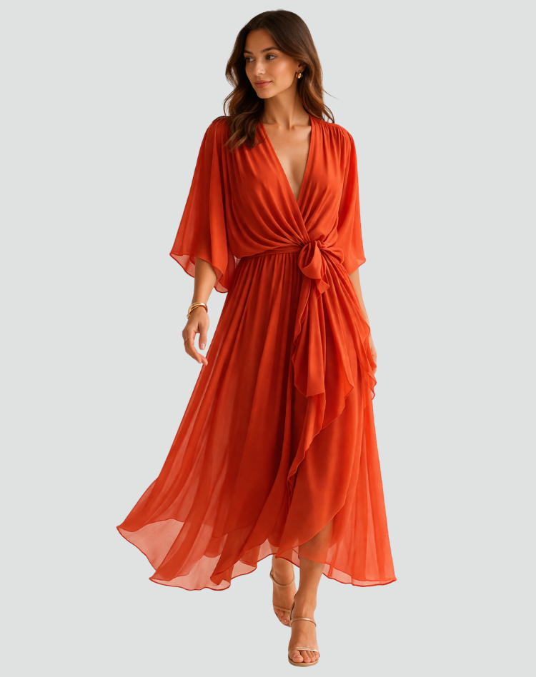 Midi Dress | Elegant Wrap Neckline Airy Midi Gown