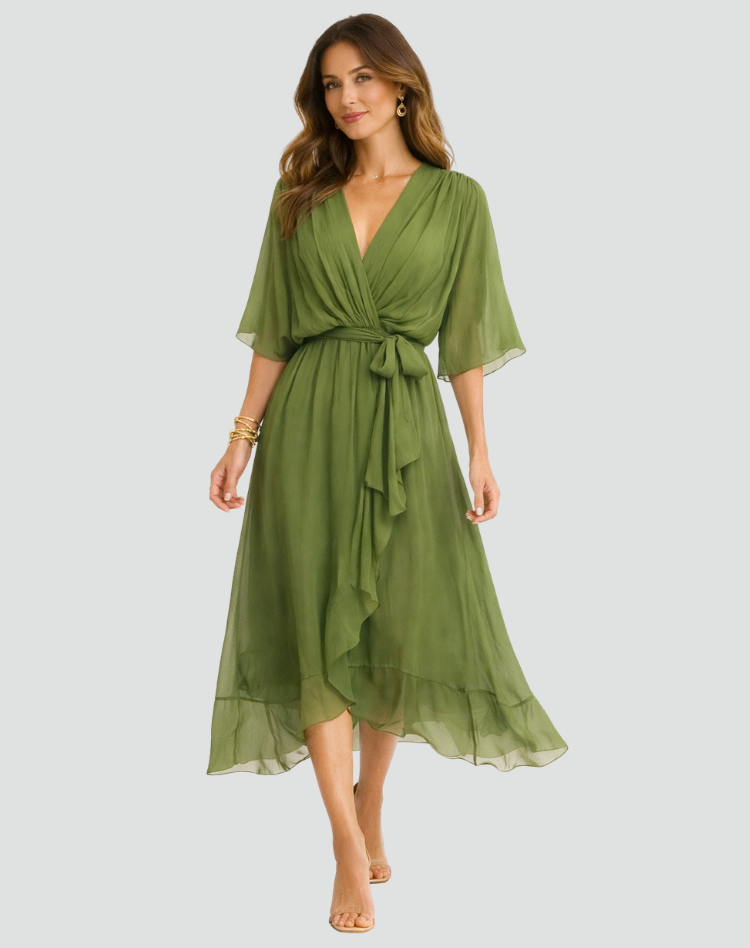 Midi Dress | Elegant Wrap Neckline Airy Midi Gown