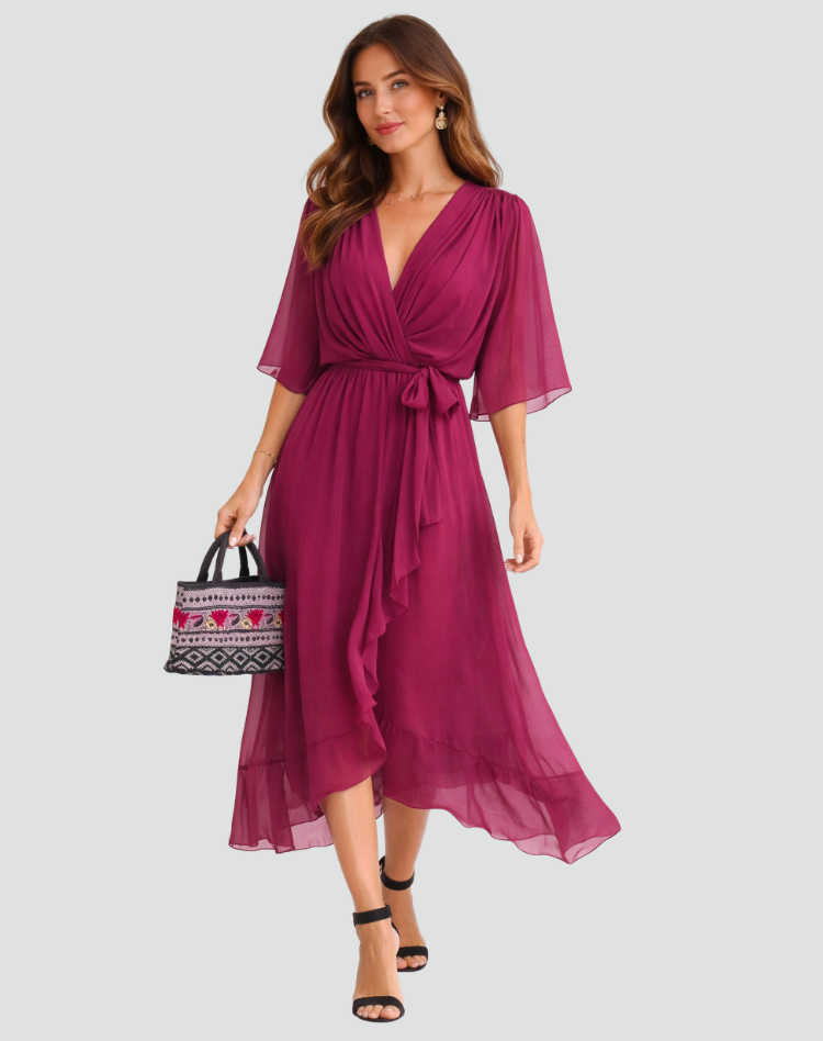 Midi Dress | Elegant Wrap Neckline Airy Midi Gown
