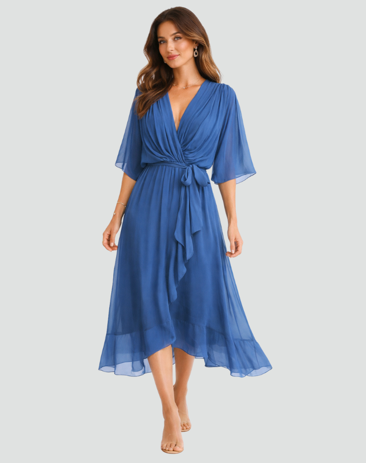 Midi Dress | Elegant Wrap Neckline Airy Midi Gown