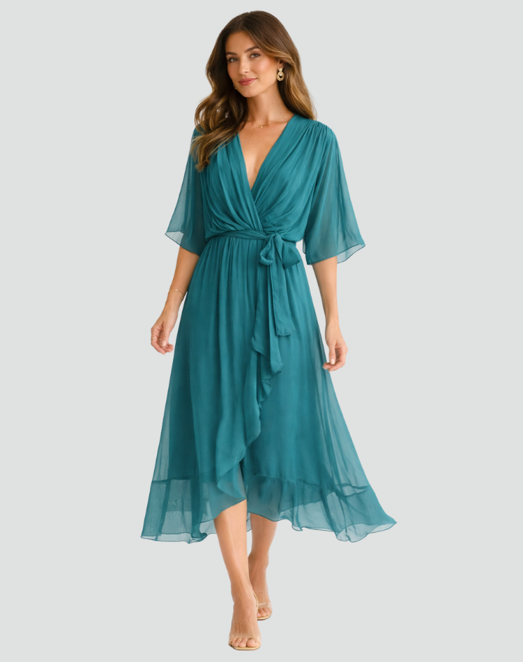 Midi Dress | Elegant Wrap Neckline Airy Midi Gown