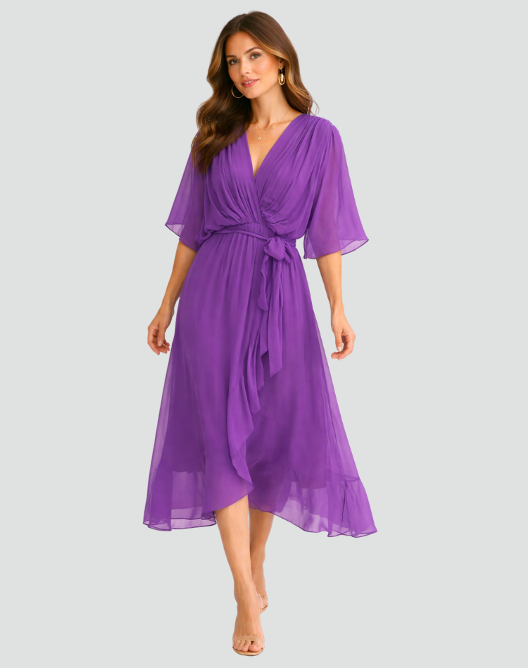 Midi Dress | Elegant Wrap Neckline Airy Midi Gown