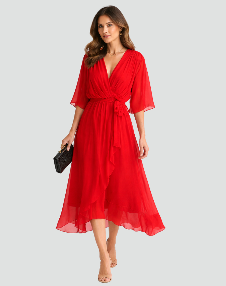 Midi Dress | Elegant Wrap Neckline Airy Midi Gown