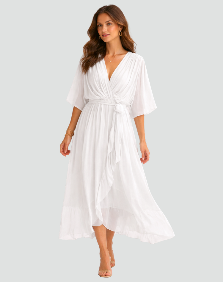 Midi Dress | Elegant Wrap Neckline Airy Midi Gown