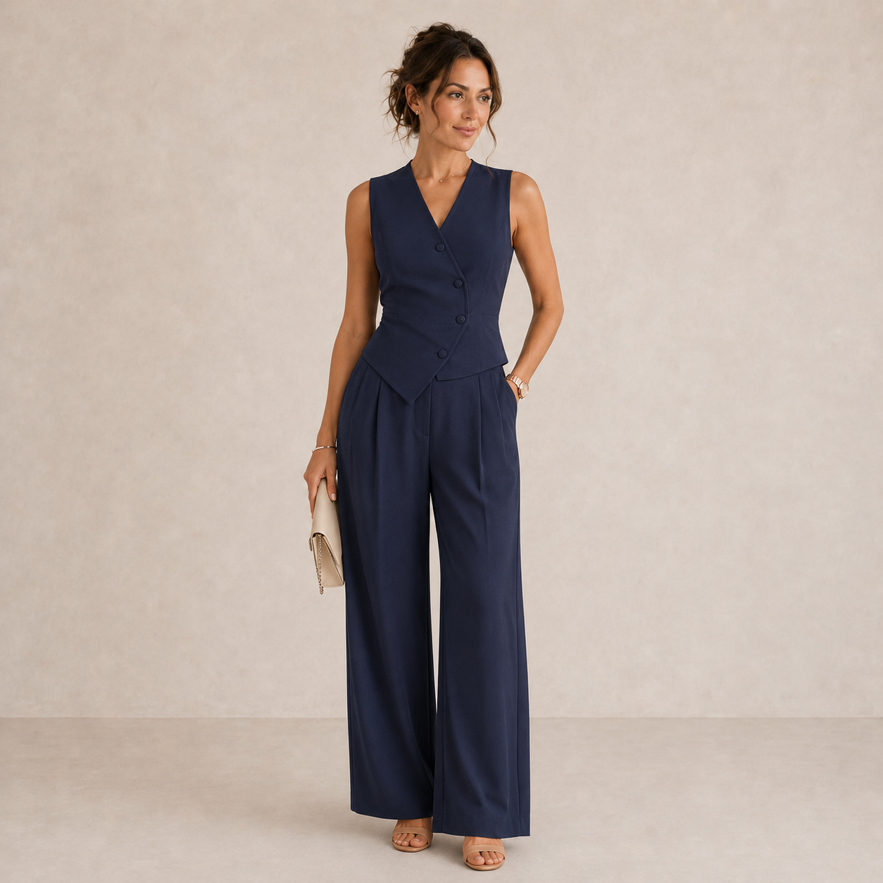 Women's Tailored Two-Piece Suit Set | Sleeveless Blazer & Wide-Leg Trousers
