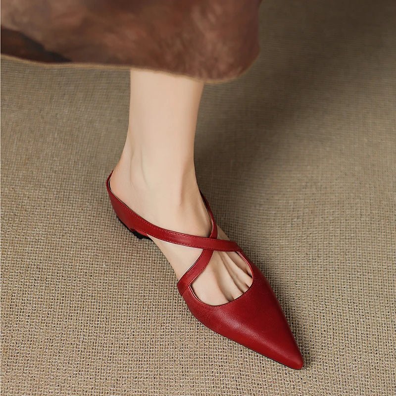 Mules Shoes | Cross-Strap Pointed Toe Low Heel | Elegant Comfortable