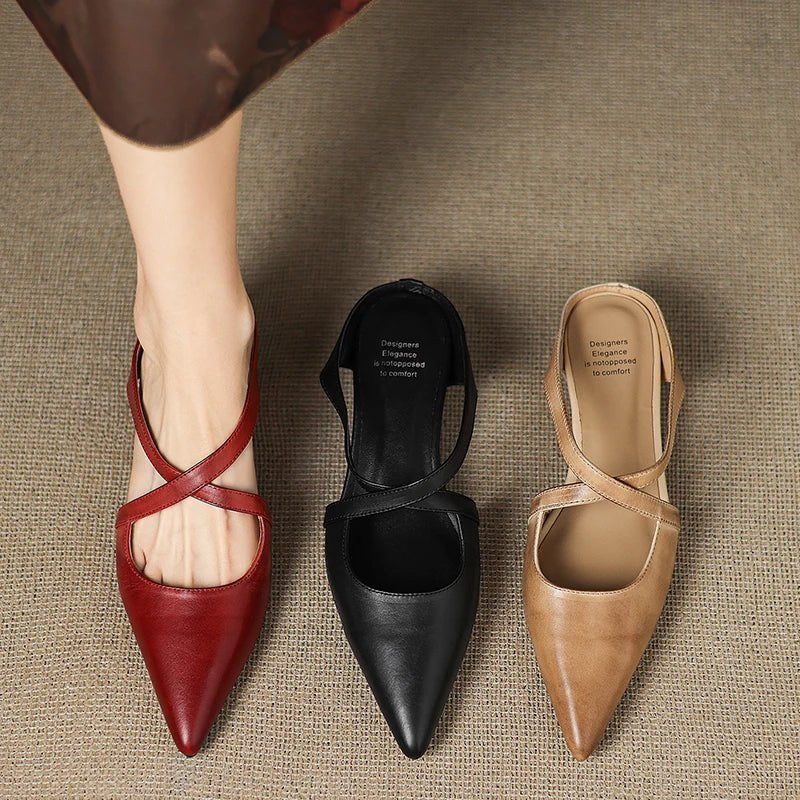 Mules Shoes | Cross-Strap Pointed Toe Low Heel | Elegant Comfortable