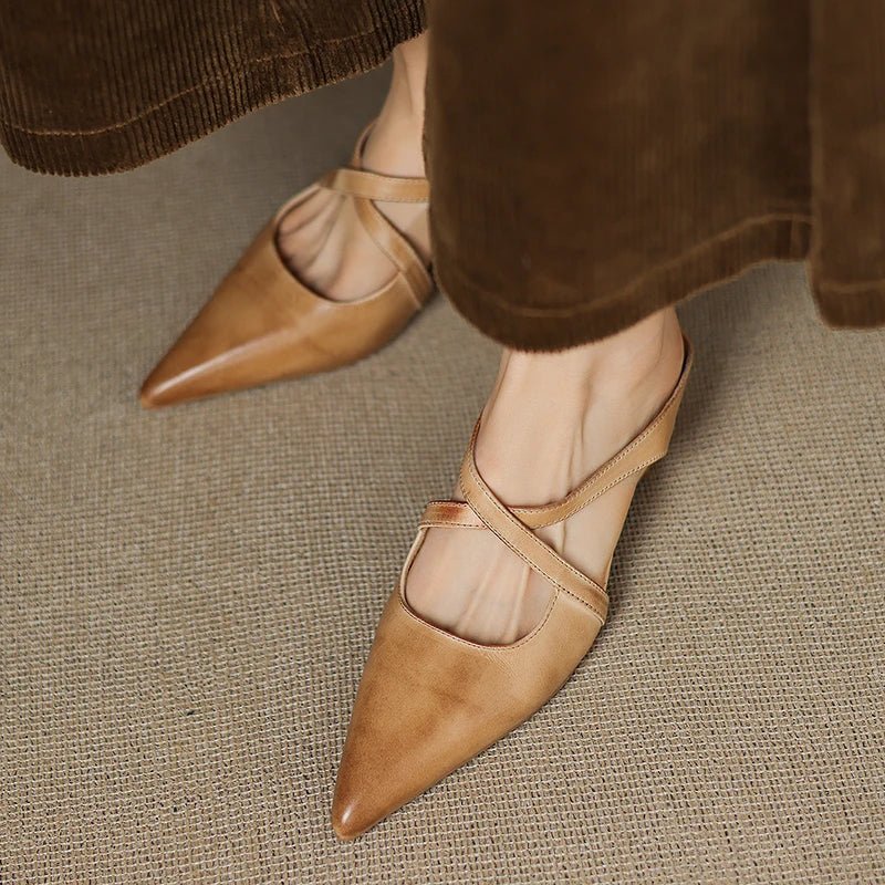 Mules Shoes | Cross-Strap Pointed Toe Low Heel | Elegant Comfortable