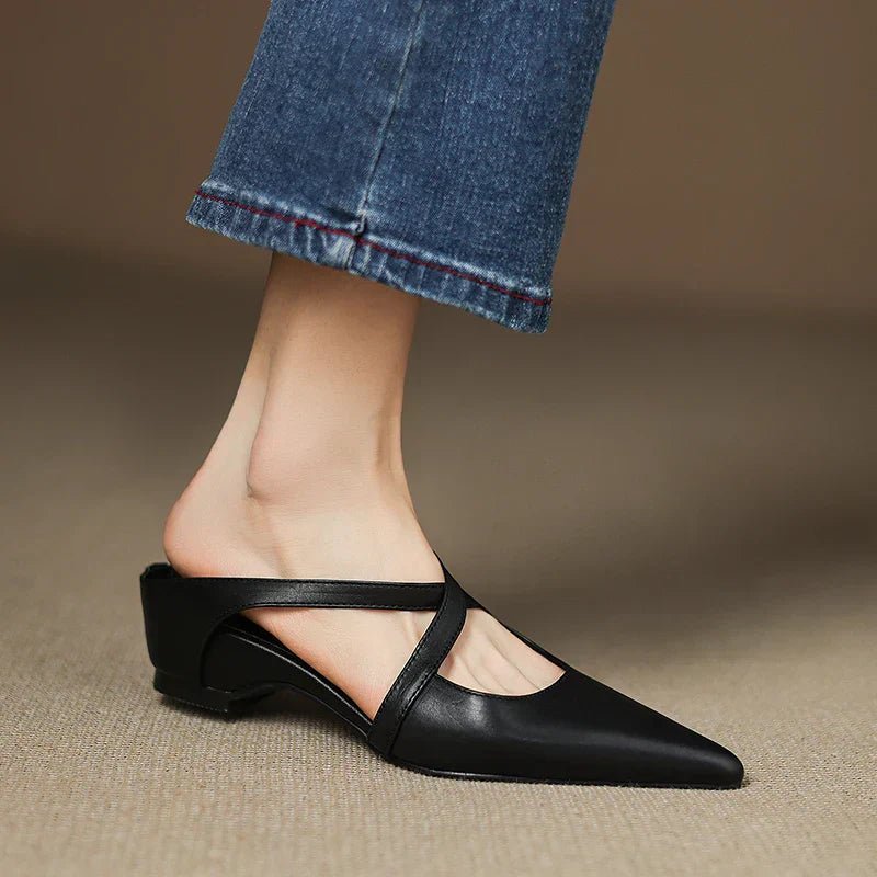 Mules Shoes | Cross-Strap Pointed Toe Low Heel | Elegant Comfortable