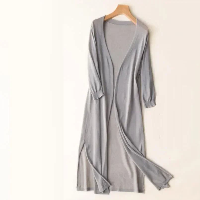 Long open cardigan for women with 3/4 sleeves and side slits