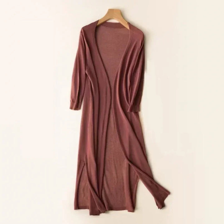 Long open cardigan for women with 3/4 sleeves and side slits