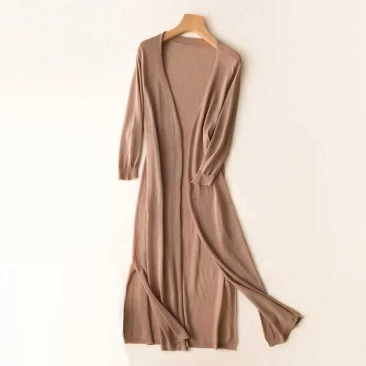 Long open cardigan for women with 3/4 sleeves and side slits