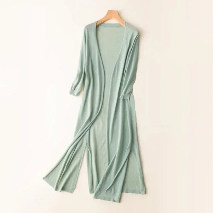 Long open cardigan for women with 3/4 sleeves and side slits