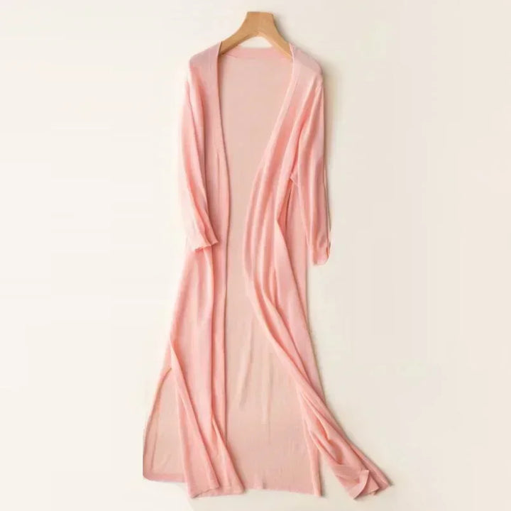 Long open cardigan for women with 3/4 sleeves and side slits