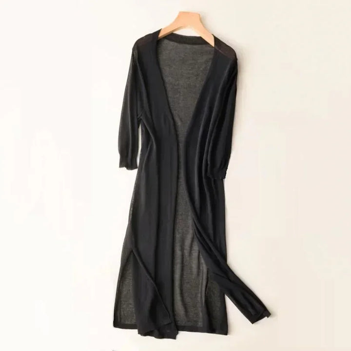 Long open cardigan for women with 3/4 sleeves and side slits