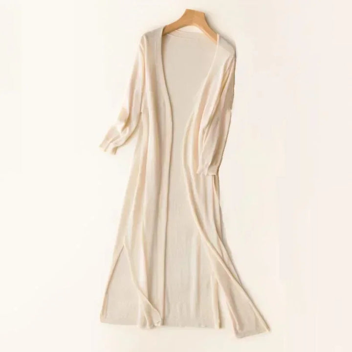 Long open cardigan for women with 3/4 sleeves and side slits