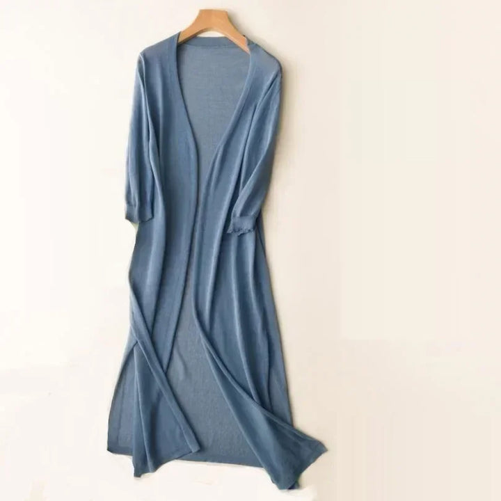 Long open cardigan for women with 3/4 sleeves and side slits
